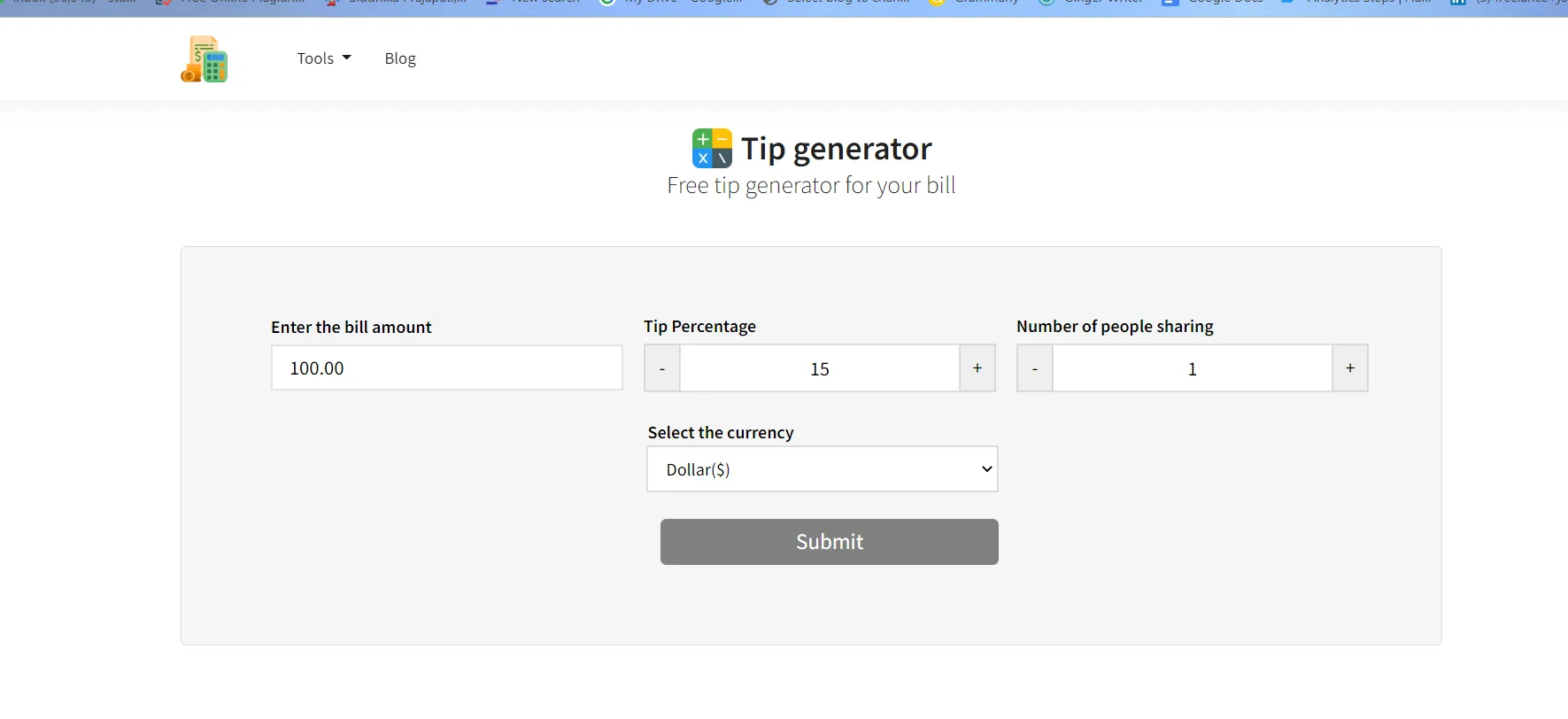 USP of our Tip Calculator This free-tip calculator calculates peak amounts for various scenarios. It may also calculate the part of the peak distributed among a given number of people.